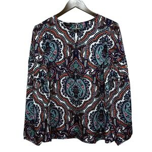 Talbots Blouse Womens M Blue Colorful Paisley Balloon Sleeve Lightweight Top